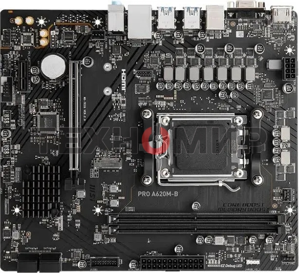 Материнская плата MSI PRO A620M-B, AM5, AMD A620, 2xDDR5, 4xSATA, 1xM.2 (PCIe 4.0 x4), 1xPCIe 4.0 x16, 1xPCIe 3.0 x1, 1xHDMI, 1xVGA, 1x2.5Gb LAN, 6xUSB-A 5Gbps, 6xUSB-A 2.0, 3x3.5 мм, 7.1, mATX