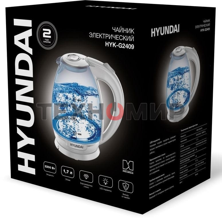 Чайник электрический Hyundai HYK-G2409 1.7 л, 2200 Вт, белый/серебристый (корпус: стекло)