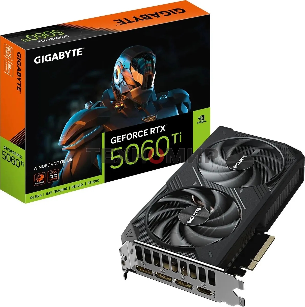 Видеокарта Gigabyte GeForce RTX 5060 Ti Windforce OC, NVIDIA RTX 5060 Ti, 8 ГБ GDDR7, 128 бит, PCI-e 5.0, 1xHDMI, 3xDP, 2587 МГц