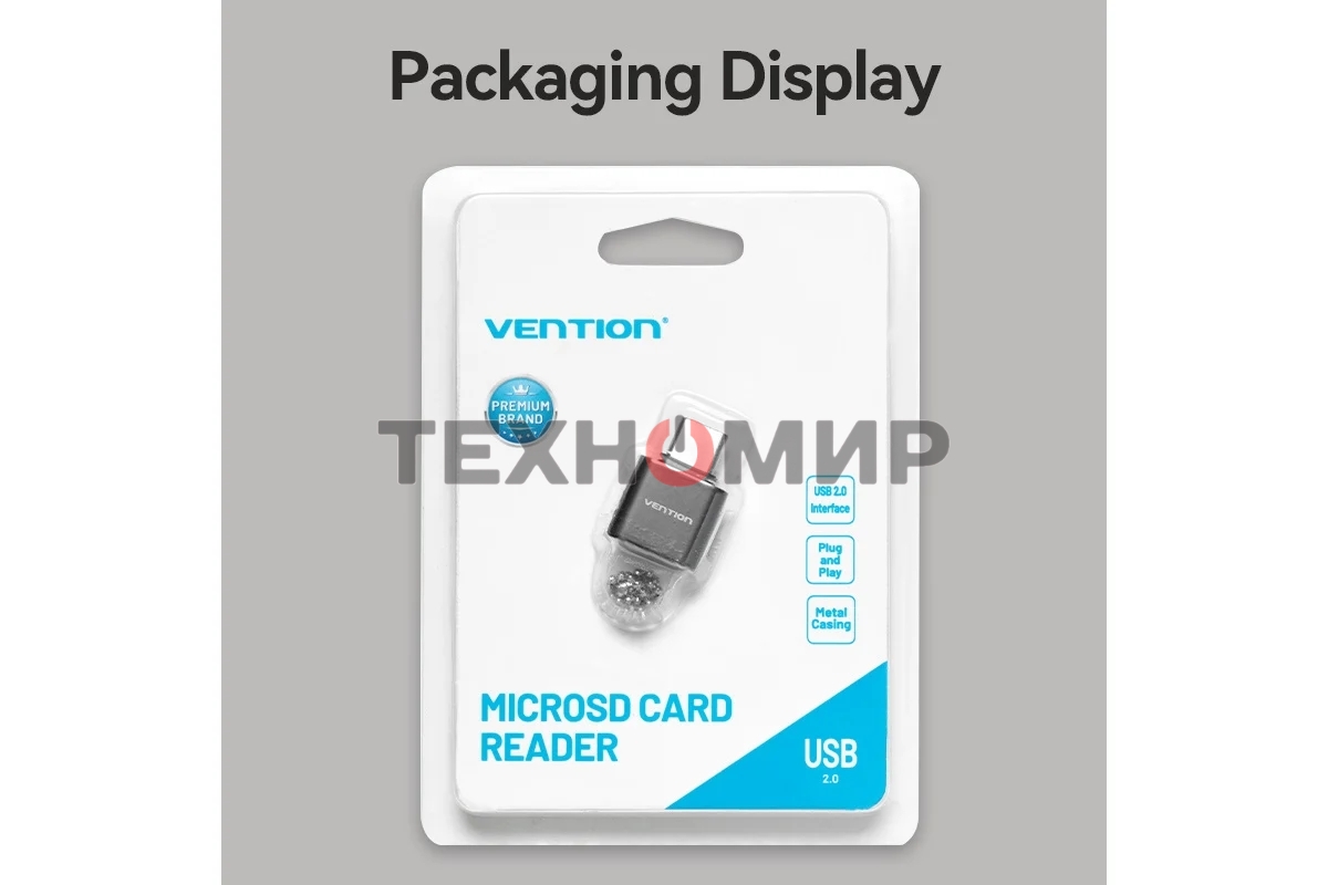 Кард-ридер Vention CLMH0/серый/OTG USB 2.0 CM/MicroSD/USB Type-C/металл