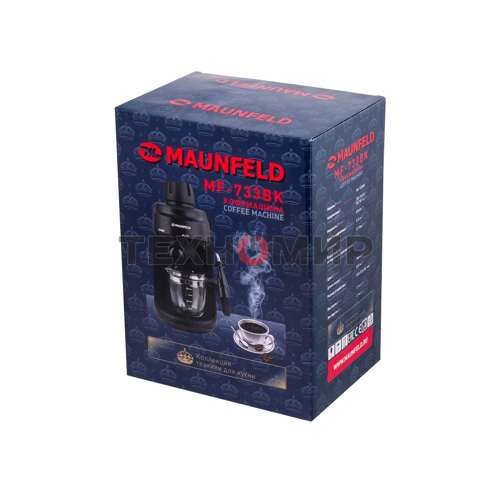 Кофемашина рожковая Maunfeld MF-733BK черный, исп. кофе - молотый, 0.24 л, 870 Вт, 4 бар