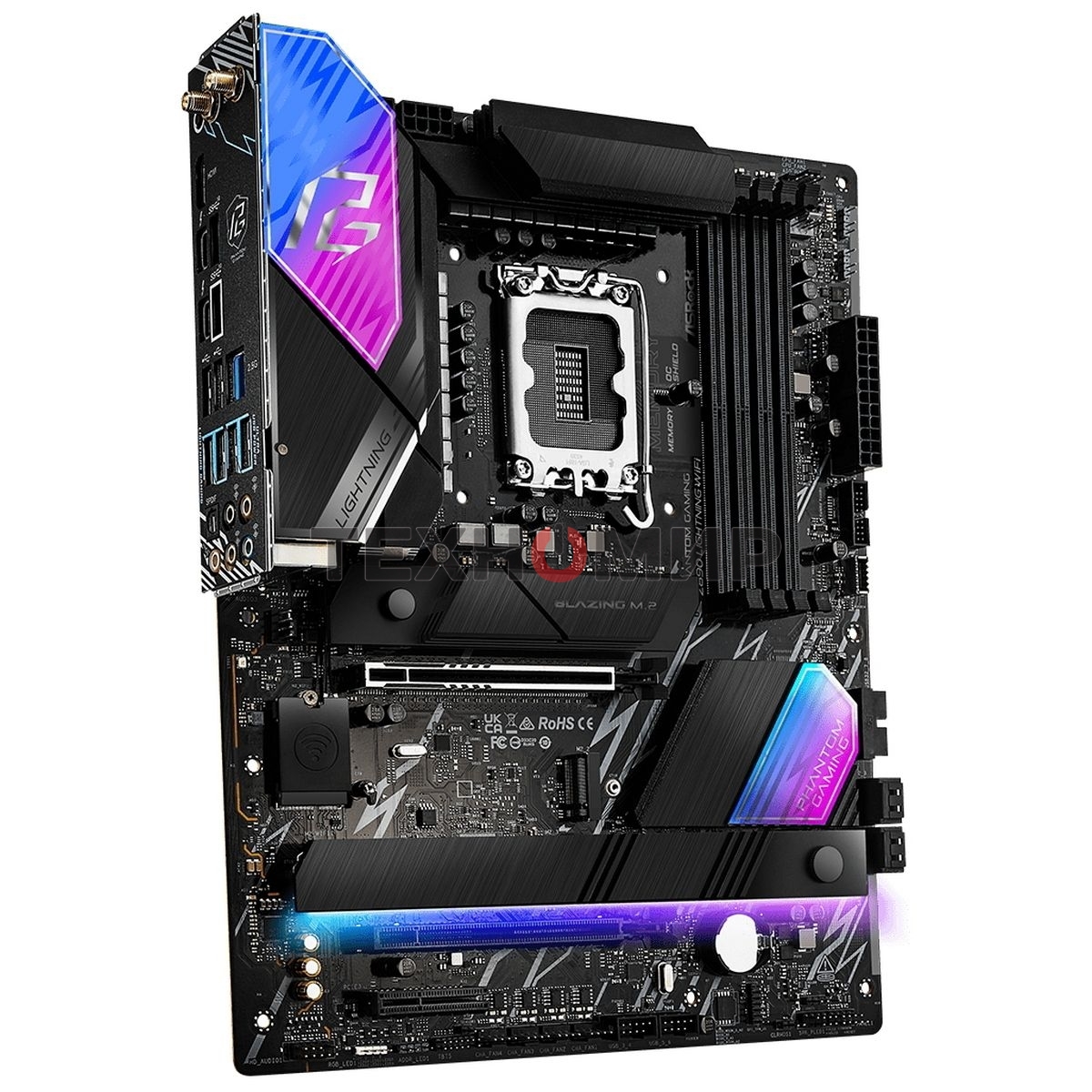 Материнская плата ASRock Phantom Gaming Z890 LIGHTNING WIFI, LGA 1851, Intel Z890, 4xDDR5, 4xSATA, 4xM.2, 1xPCIe 5.0 x16, 1xPCIe 4.0 x4, 1xUSB-C Thunderbolt 4, 2xUSB-A 3.2 Gen 2, 4xUSB-A 3.2 Gen 1, 1xHDMI, 1x2.5Gb LAN, 5x3.5 мм, 7.1, ATX
