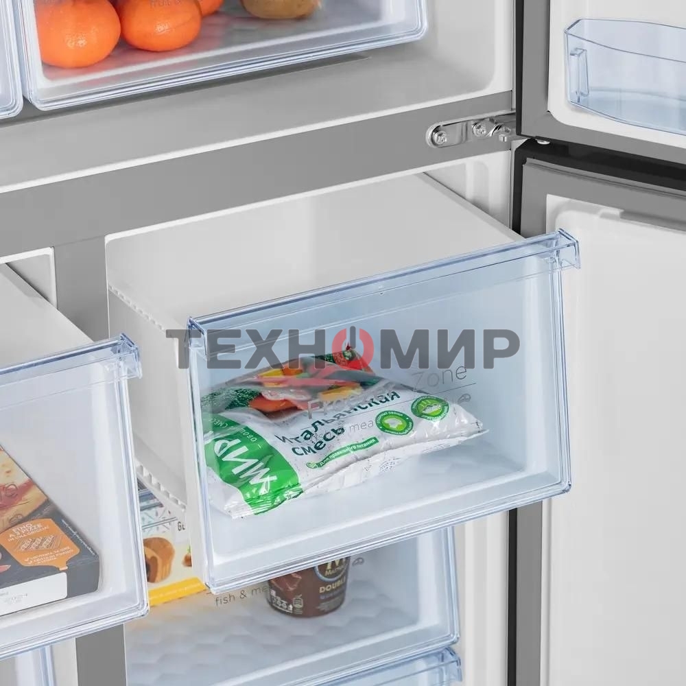 Холодильник Maunfeld MFF181NFSB черная сталь трехкамерный 320/154л морозилка снизу, Total No Frost, Side by Side