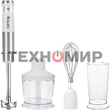 Погружной блендер Korting KHB 0313 W, беспроводной, мощность 150 Вт, кнопочное управление, 3 насадки (блендер, измельчитель, миксер), 5 скоростей, объем чаши 500 мл, защита двигателя от перегрева/перегрузки, цвет белый