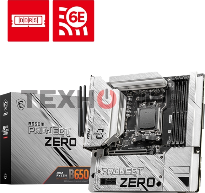 Материнская плата MSI B650M PROJECT ZERO, AM5, AMD B650, 4xDDR5, 4xSATA, 2xM.2, 1xPCIe 4.0 x16, 1xPCIe x1, 1xDP, 1xHDMI, 1x 2.5Gb LAN, 2xUSB-A 2.0, 2xUSB 3.2 Gen 1, 3xUSB 3.2 Gen 2, 3x3.5 мм, 7.1, mATX