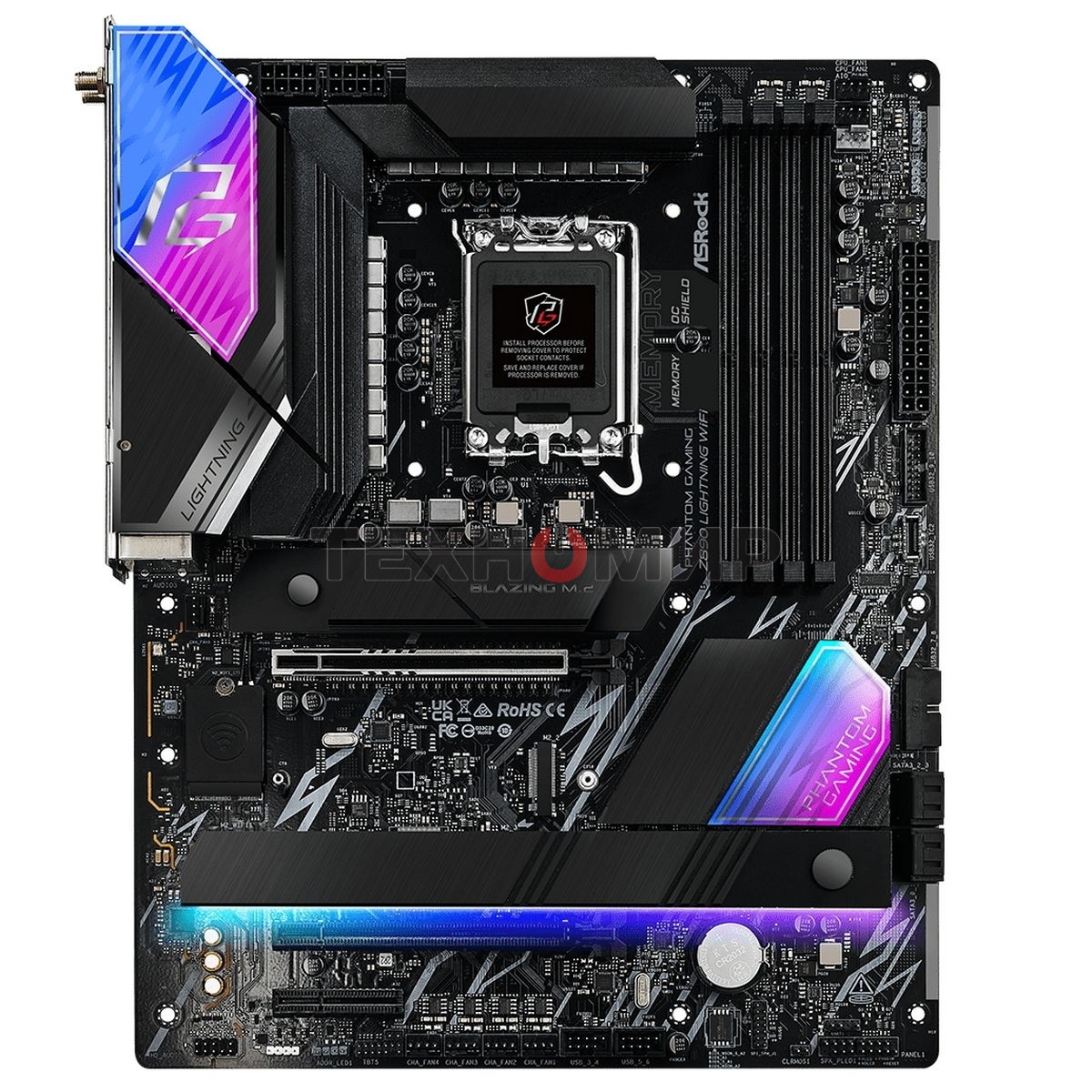 Материнская плата ASRock Phantom Gaming Z890 LIGHTNING WIFI, LGA 1851, Intel Z890, 4xDDR5, 4xSATA, 4xM.2, 1xPCIe 5.0 x16, 1xPCIe 4.0 x4, 1xUSB-C Thunderbolt 4, 2xUSB-A 3.2 Gen 2, 4xUSB-A 3.2 Gen 1, 1xHDMI, 1x2.5Gb LAN, 5x3.5 мм, 7.1, ATX