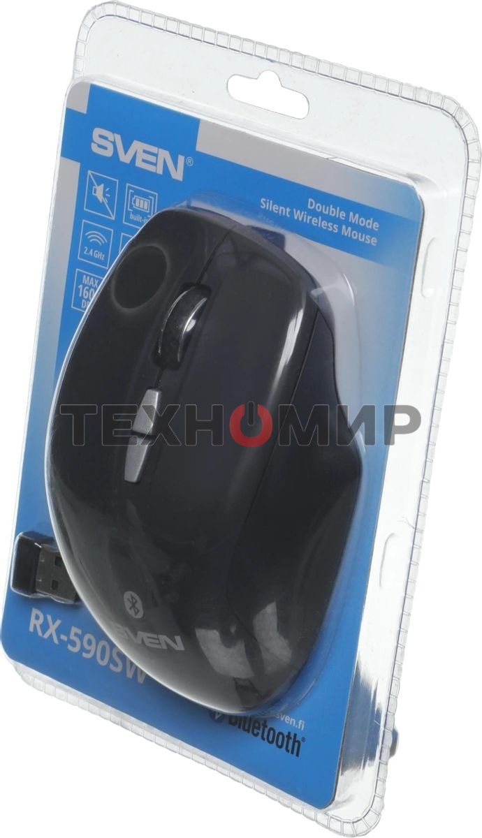 Мышь беспроводная SVEN RX-590SW черный, 1600 dpi, радиоканал, Bluetooth, USB, кнопки - 7