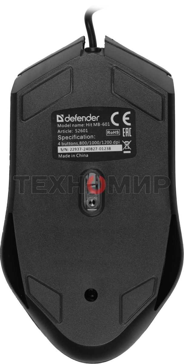 Мышь проводная Defender Hit MB-601 черный, 1200 dpi, USB, кнопки - 4