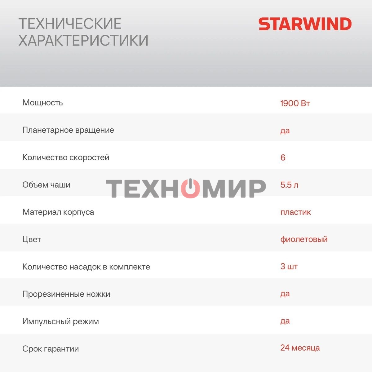Миксер стационарный Starwind SPM7167 1600 Вт, фиолетовый