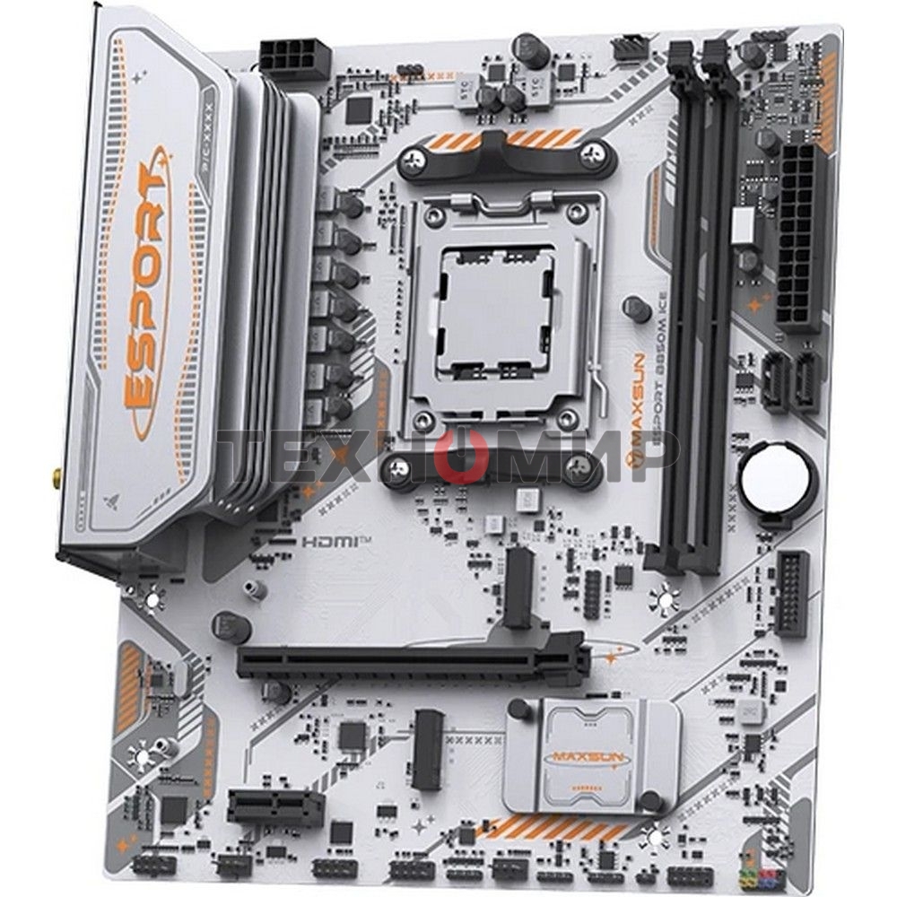 Материнская плата Maxsun MS-eSport B850M WIFI ICE, AM5, AMD B850, 2xDDR5, 2xSATA, 2xM.2, 1xPCIe 5.0 x16, 1xPCIe 3.0 x1, 1xHDMI 1.4, 1xDP, 1xRJ45, Wi-Fi 6, Bluetooth 5.2, 4xUSB-A 5Gbps, 2xUSB-A 2.0, 3x3.5 мм, 7.1, mATX