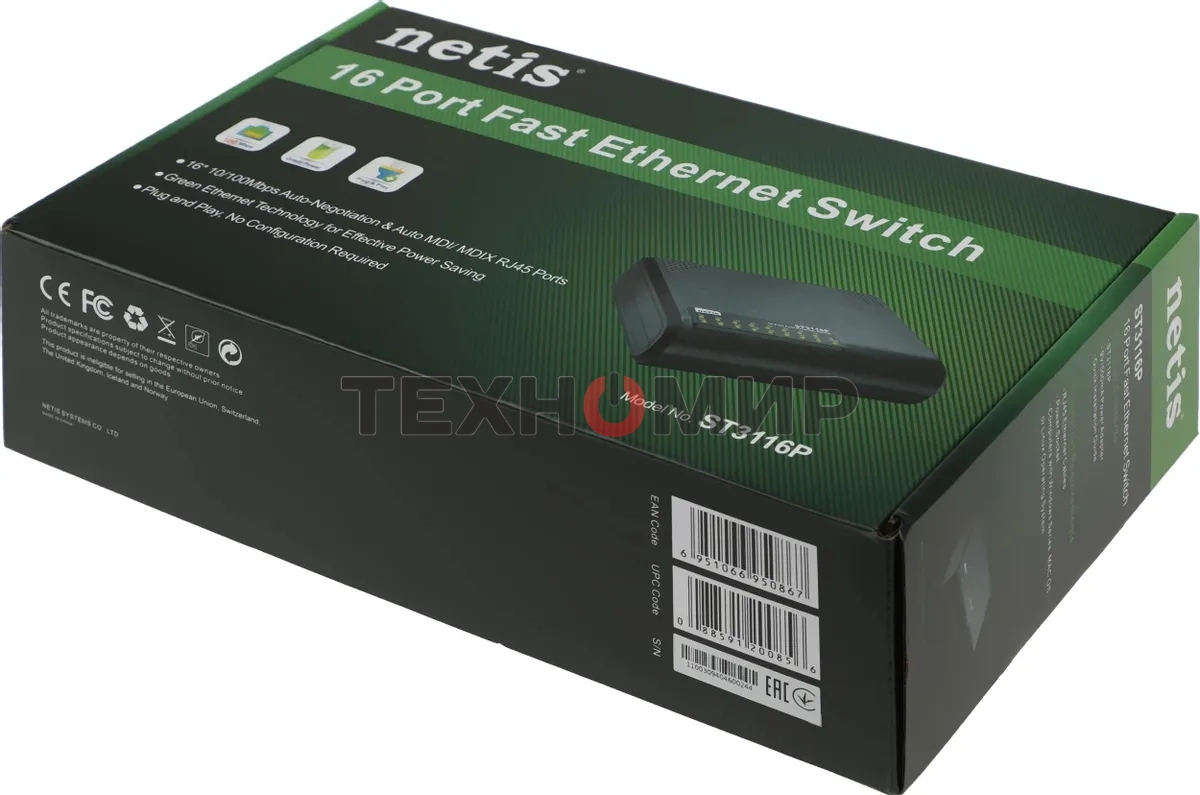 Коммутатор Netis ST3116P неуправляемый настольный 16x10/100