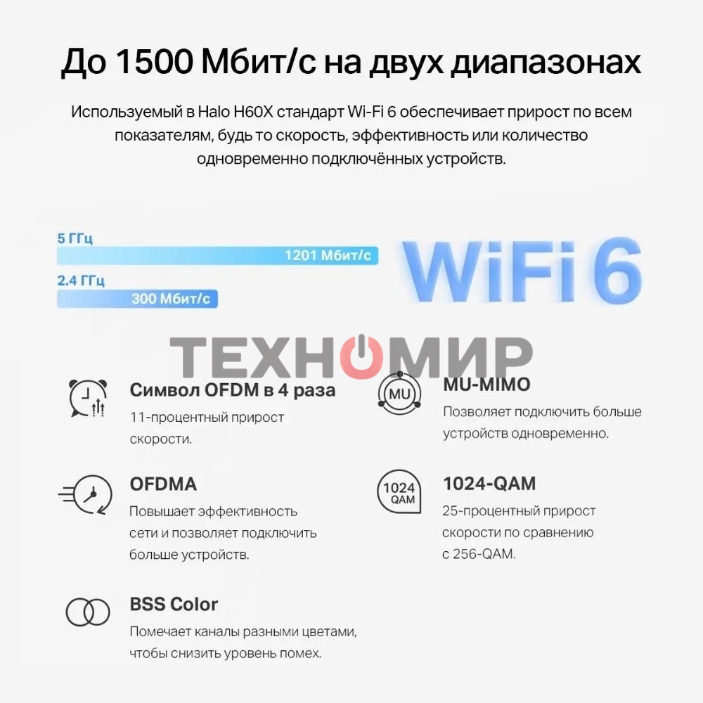 Бесшовный Mesh роутер Mercusys Halo H60X(2-pack) AX1500 10/100/1000BASE-TX белый (упак.:2шт)