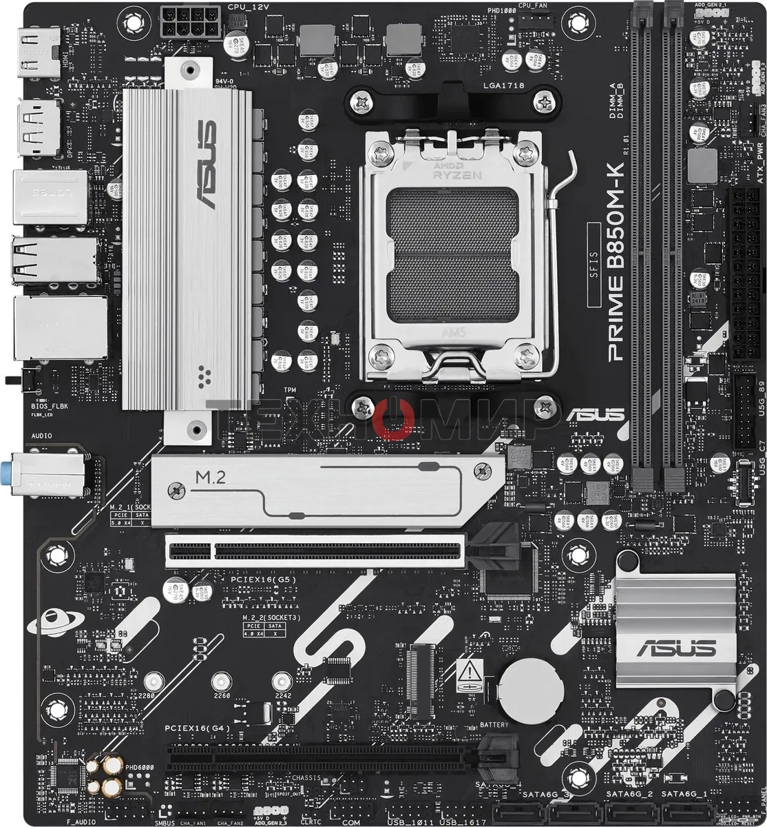 Материнская плата ASUS PRIME B850M-K, AM5, AMD B850, 2xDDR5, 4xSATA, 2xM.2, 1xPCIe 5.0 x16, 1xPCIe 4.0 x8, 1xDP (v1.4), 1xHDMI (v2.1), 1x2.5Gb LAN, 2xUSB-A 10Gbps, 2xUSB-A 5Gbps, 4xUSB-A 2.0, 3x3.5 мм, 7.1, mATX