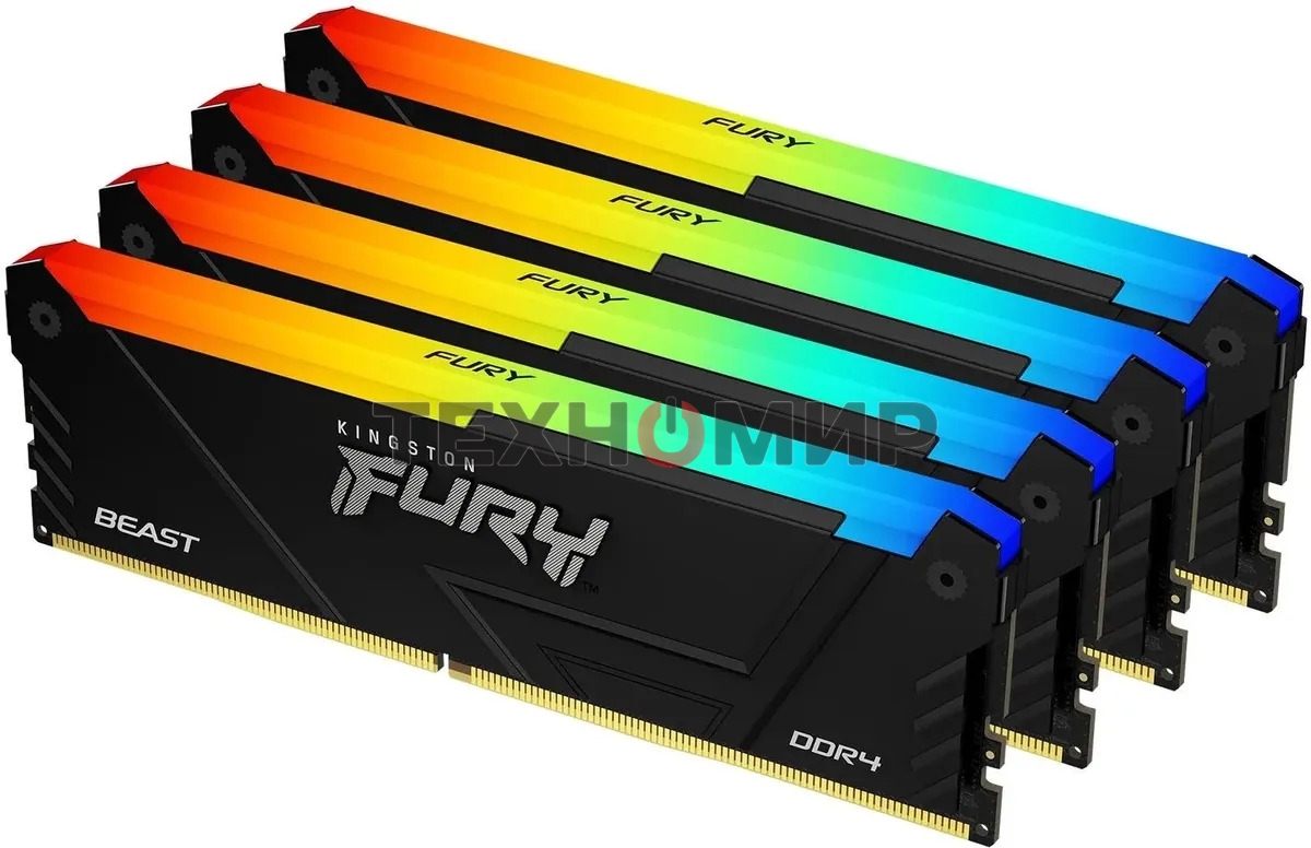 Оперативная память Kingston Fury Beast, DDR4, 64Gb (4x16Gb), 3200MHz, CL16, DIMM, с радиатором, RGB, черный