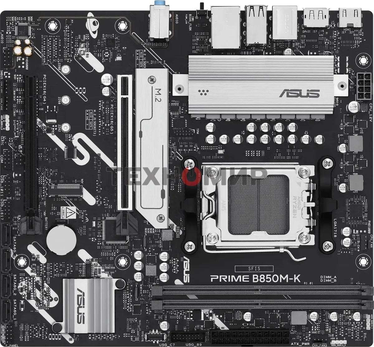 Материнская плата ASUS PRIME B850M-K, AM5, AMD B850, 2xDDR5, 4xSATA, 2xM.2, 1xPCIe 5.0 x16, 1xPCIe 4.0 x8, 1xDP (v1.4), 1xHDMI (v2.1), 1x2.5Gb LAN, 2xUSB-A 10Gbps, 2xUSB-A 5Gbps, 4xUSB-A 2.0, 3x3.5 мм, 7.1, mATX