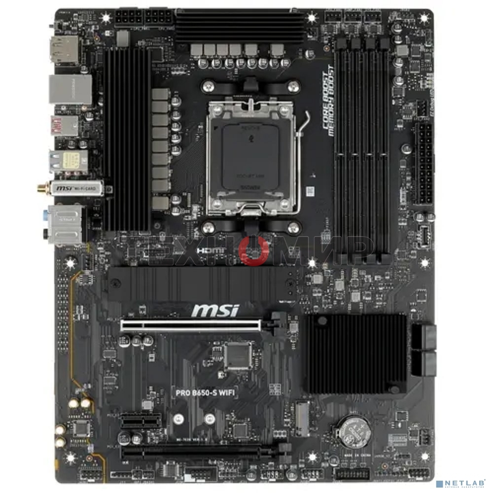 Материнская плата MSI PRO B650-S WIFI, AM5, AMD B650, 4xDDR5, 4xSATA, 2xM.2, 1xPCI-E 4.0 x16, 1xPCI-E 4.0 x4, 1xHDMI, 1xDP, 1x2.5Gb LAN, 3xUSB 3.2 Gen 1, 3xUSB 3.2 Gen 2, 6x3.5 мм, 7.1, Standard-ATX