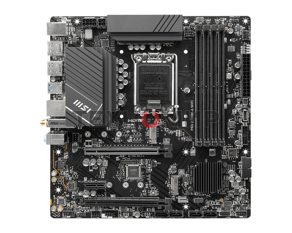 Материнская плата MSI PRO B760M-A WIFI, LGA 1700, Intel B760, 4xDDR5, 4xSATA, 2xM.2, 1xPCI-E 4.0 x16, 1xPCI-E 4.0 x4, 2xHDMI, 2xDP, 1x2.5Gb LAN, 2xUSB-A 2.0, 2xUSB 3.2 Gen 1, 2xUSB 3.2 Gen 2, 3x3.5 мм, 7.1, Micro-ATX