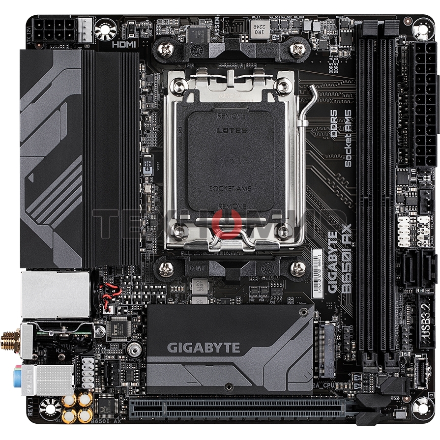Материнская плата GIGABYTE B650I AX, AM5, AMD B650, 2xDDR5, 2xSATA, 1xM.2, 1xPCIe 4.0 x16, 1xHDMI, 1xDP, 1x2.5Gb LAN, Wi-Fi 6E, Bluetooth 5.3, 1xUSB-C 5Gbps, 1xUSB-A 5Gbps, 3xUSB-A 2.0, 3x3.5 мм, 7.1, ITX