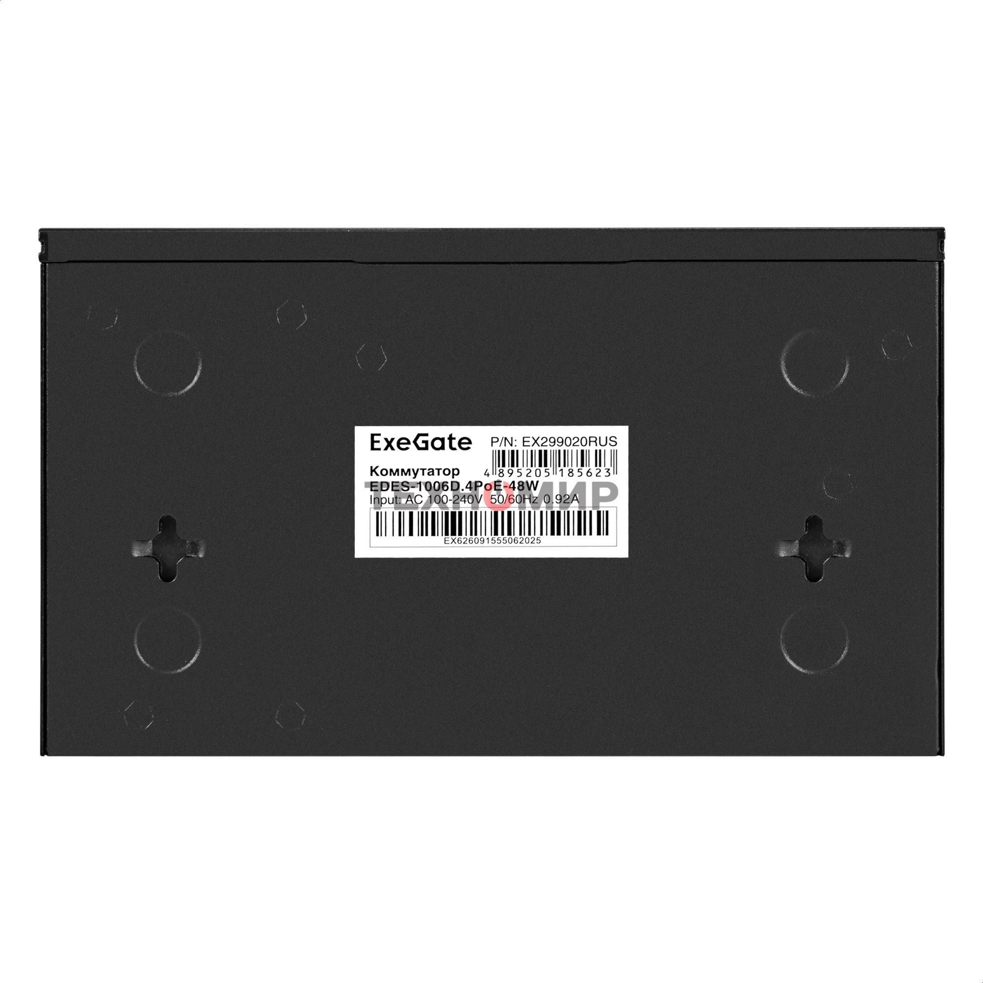 Коммутатор неуправляемый ExeGate EDES-1006D.4PoE-48W (6-портовый UTP 10/100 Base-Tx: 4 порта 802.3af (PoE), мощность PoE: 25W, суммарно 48W, 2 порта RJ45 uplink, настенный/настольный, металлический корпус)