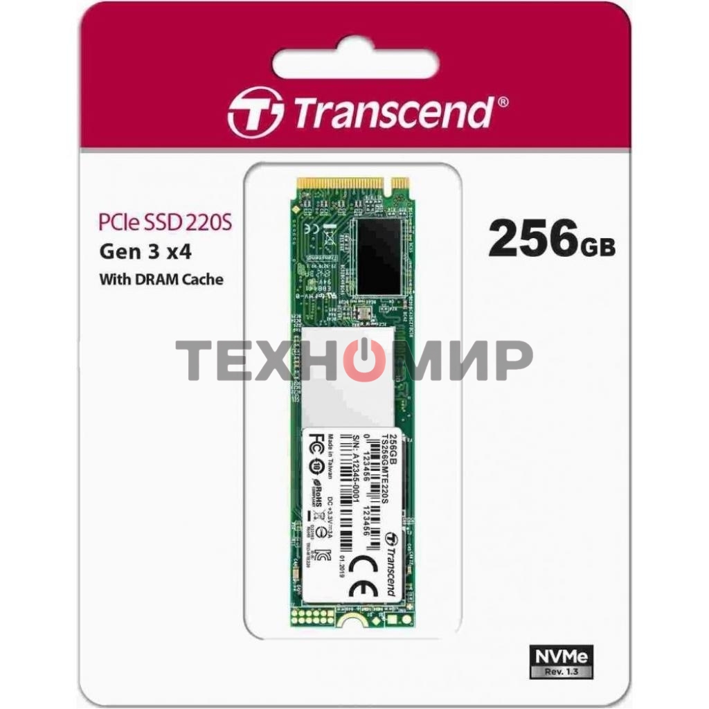 Накопитель SSD Transcend MTE220S SSD 256GB, 3D TLC, M.2 (2280), PCIe Gen 3.0 x4, NVMe, R3300/W1100, TBW 550