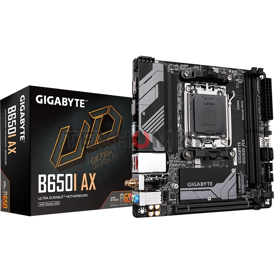 Материнская плата GIGABYTE B650I AX, AM5, AMD B650, 2xDDR5, 2xSATA, 1xM.2, 1xPCIe 4.0 x16, 1xHDMI, 1xDP, 1x2.5Gb LAN, Wi-Fi 6E, Bluetooth 5.3, 1xUSB-C 5Gbps, 1xUSB-A 5Gbps, 3xUSB-A 2.0, 3x3.5 мм, 7.1, ITX