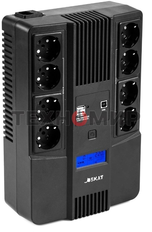 Источник бесперебойного питания Бастион SKAT-UPS 800-AID-IN-1x9-8 ИБП 220В 480Вт, LCD, АКБ 1x 9А·ч, line interactive, мод.синус, 8хSchuko,2xUS (8933)