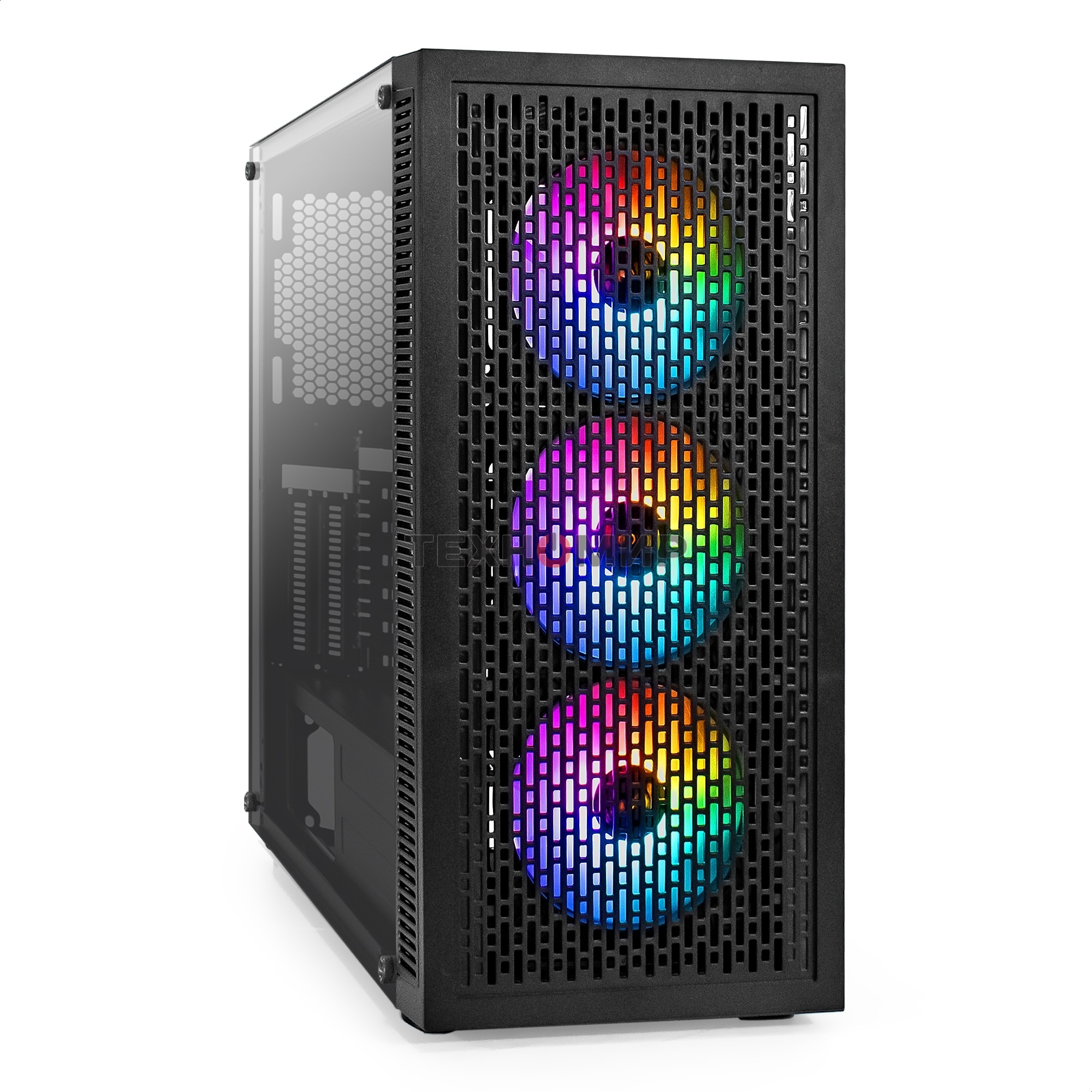 Компьютерный корпус Miditower ExeGate EVO-5001A-EVO800 (ATX, БП EVO800RGb с вент. 12 см, 2хUSB+1хUSB 3.0+HD Audio, черный, 3 вент.12см с RGb подсветкой, боковая панель - закаленное стекло)