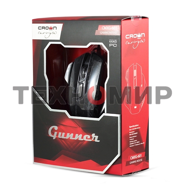 Мышь проводная Crown Gaming CMXG-601 черный, 1800 dpi, USB, кнопки - 7