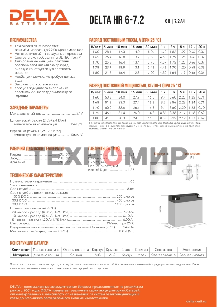 Батарея для ИБП Delta HR 6-7.2 (7.2 А\ч, 6В)