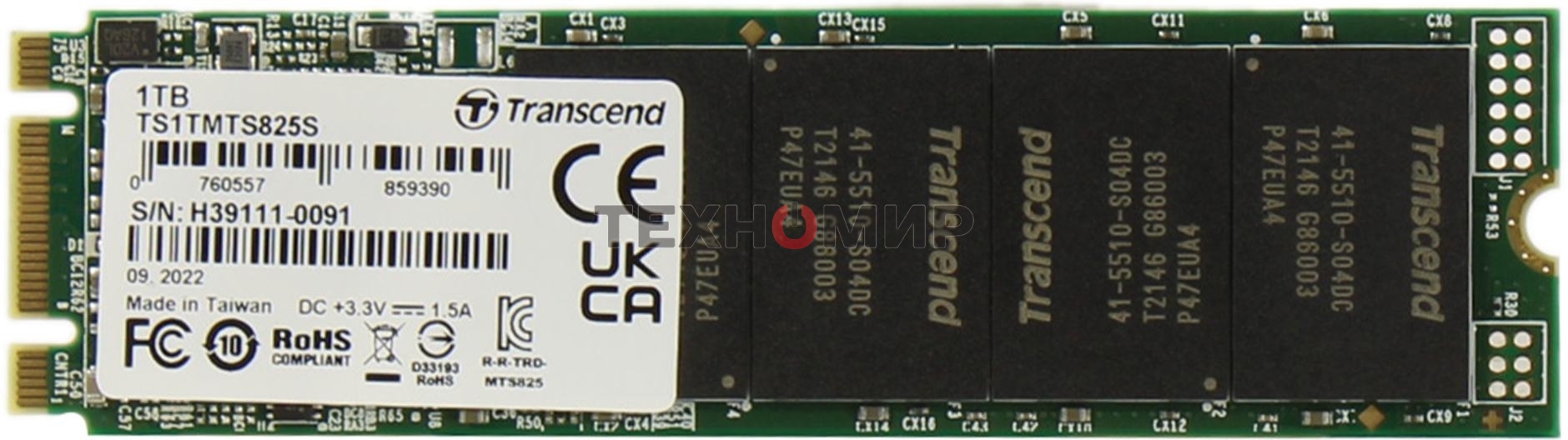 Накопитель SSD Transcend MTS825, 1TB, M.2 2280, SATA 3, R/W 550/500 Mb/s