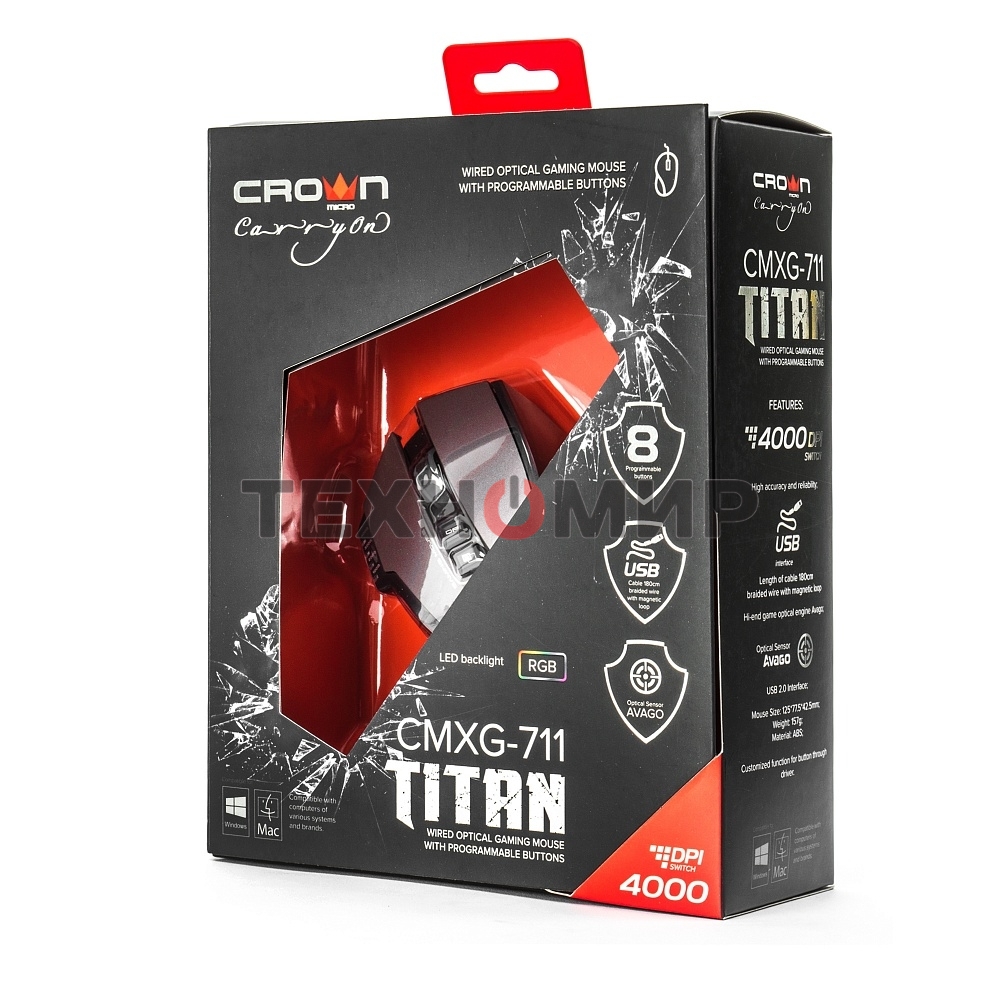 Мышь проводная Crown Gaming CMXG-711 черный, 4000 dpi, USB, кнопки - 8