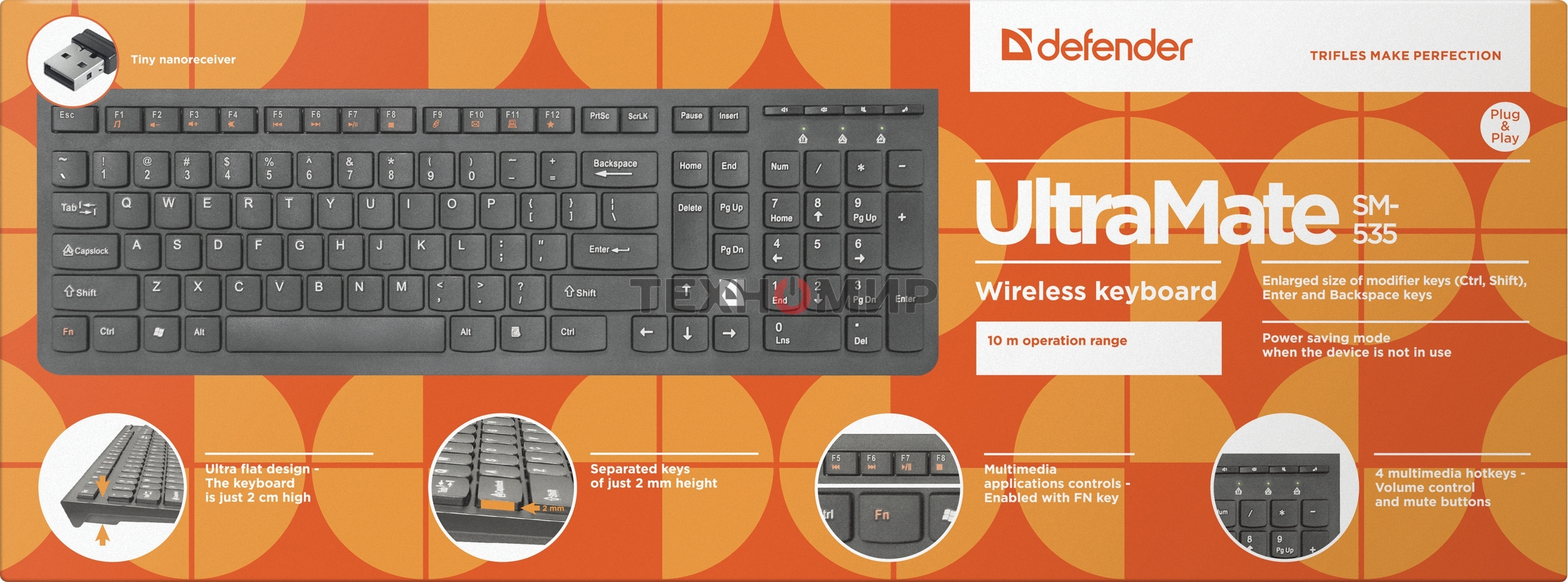 Клавиатура беспроводная Defender ULTRAMATE SM-535 RU USB, радиоканал, черный