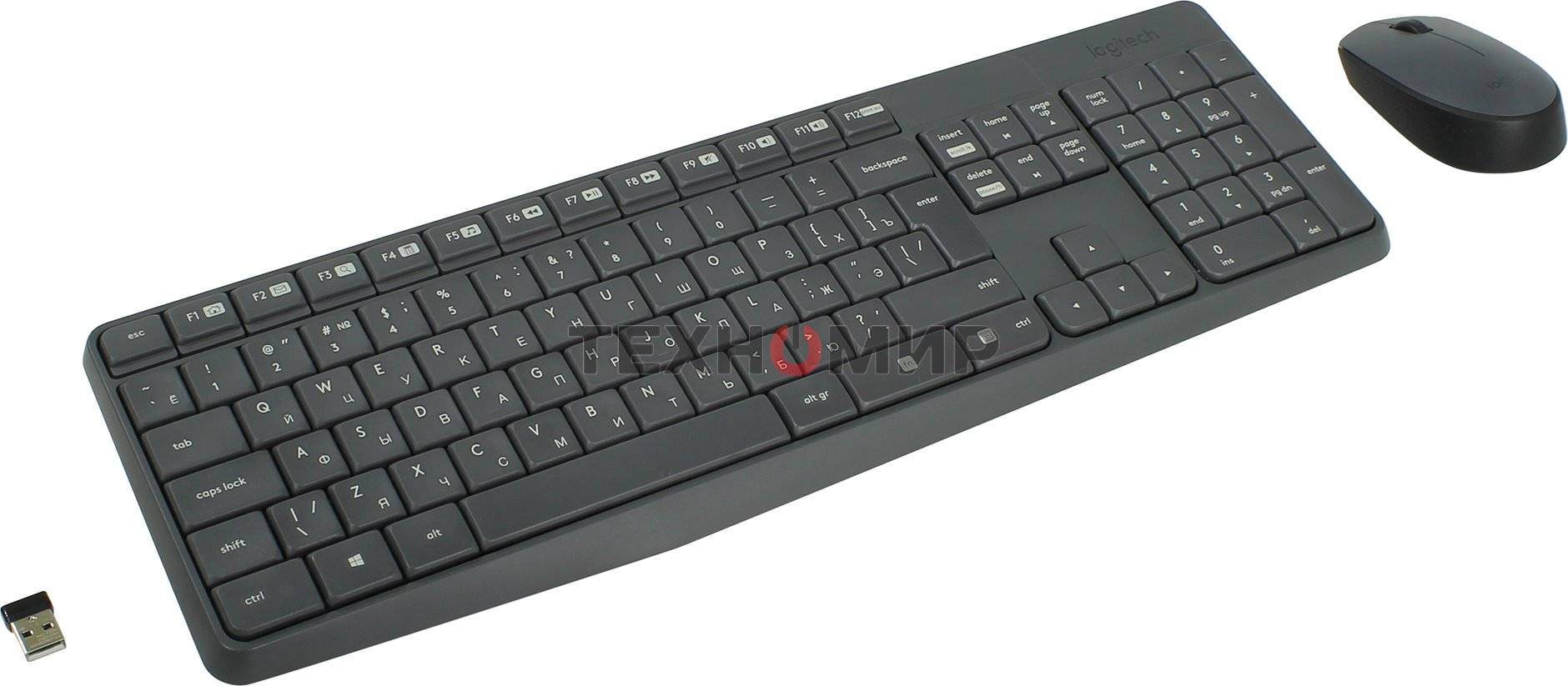Комплект клавиатура+мышь Logitech MK235 беспроводной, USB, 1000 DPI, серый