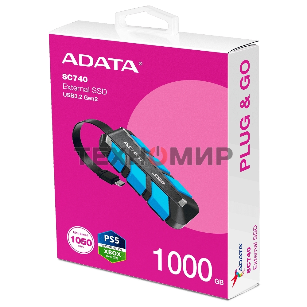 Внешний SSD ADATA SC740, 1TB, USB 3.2 Gen 2 Type-C, R/W 1050/1000, синий