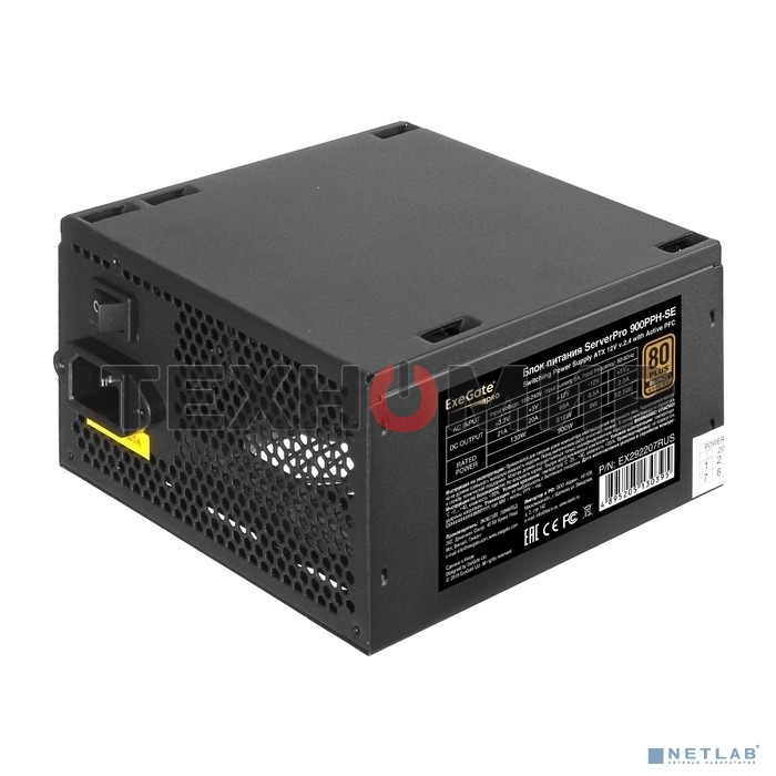 Блок питания серверный 900W ExeGate EX292207RUS ServerPRO 80 PLUS Bronze, 900PPH-SE (ATX, for 3U+ cases, APFC, КПД 89% (80 PLUS Bronze), 12cm fan, 24pin, 2x(4+4)p, 4xPCI-E, 8xSATA, 4xIDE, box, black)