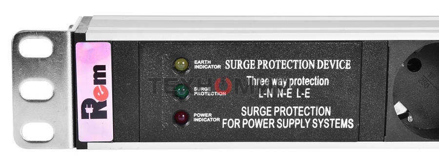 Блок розеток Rem-10 без шнура с фил. и инд., 7 Schuko, вход IEC 60320 C14, 10A, алюм., 19