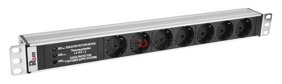Блок розеток Rem-10 без шнура с фил. и инд., 7 Schuko, вход IEC 60320 C14, 10A, алюм., 19