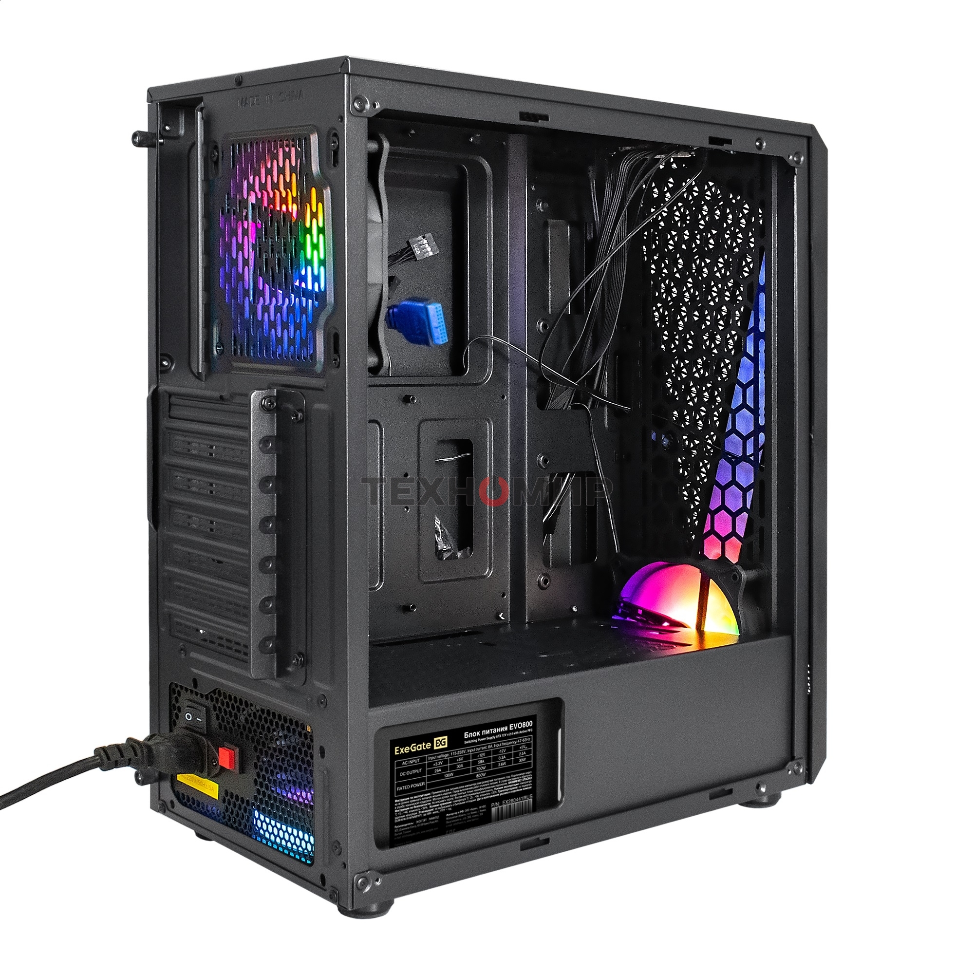 Компьютерный корпус Miditower ExeGate EVO-8225-EVO800 (ATX, БП EVO800RGb с вент. 12см, 2хUSB+1хUSB 3.0, черный, 2 вент. с RGb подсветкой и полоса на передней панели, боковая панель - закаленное стекло)