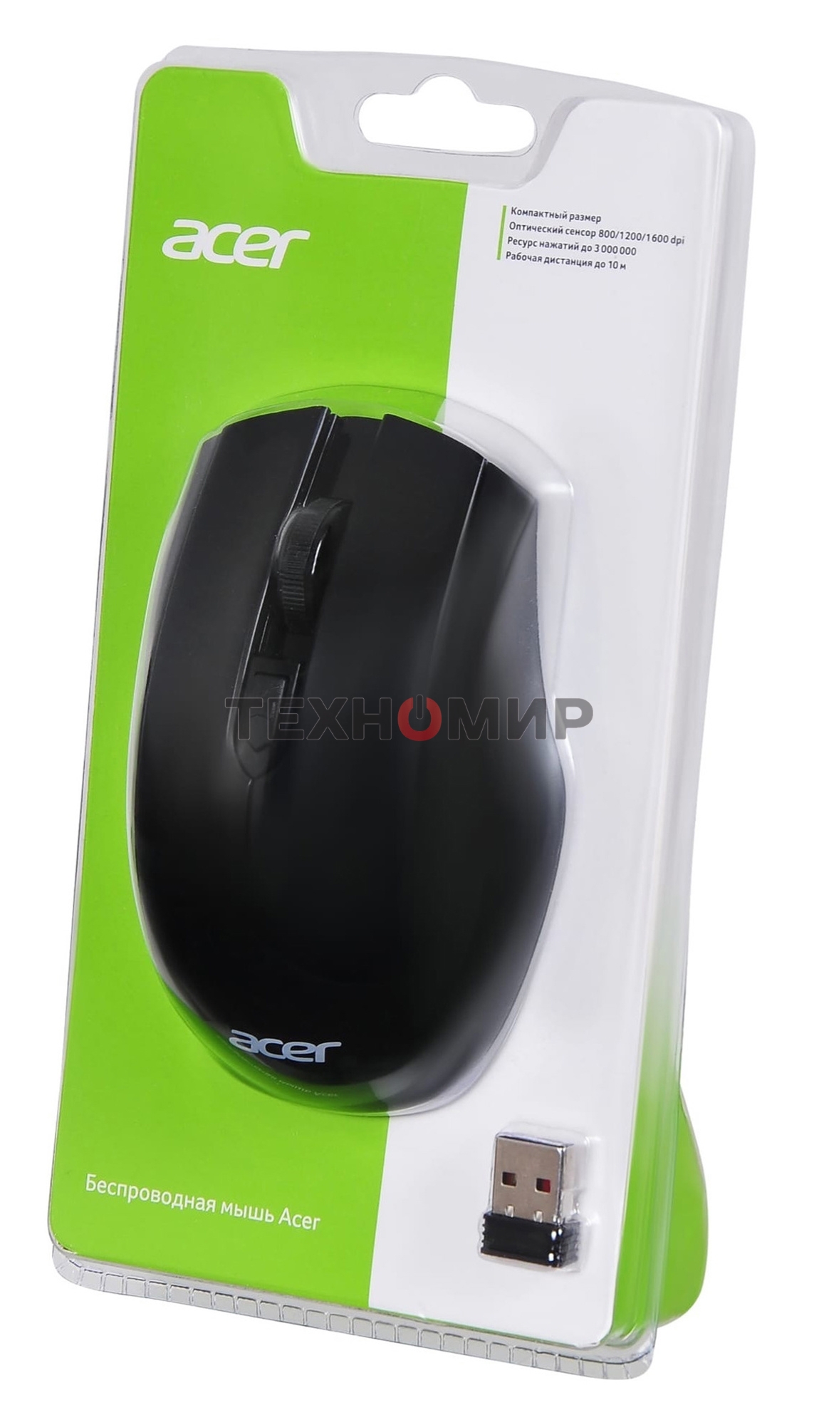 Мышь беспроводная Acer OMR030 черный, 1600 dpi, радиоканал, USB, кнопки - 4