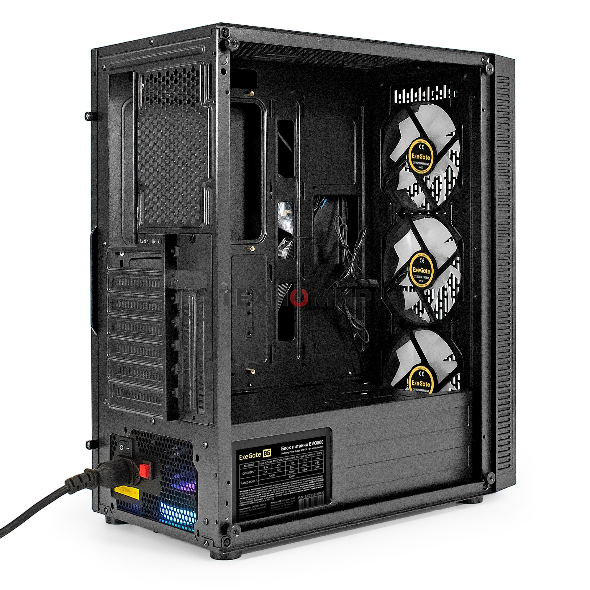Компьютерный корпус Miditower ExeGate EVO-5001A-EVO800 (ATX, БП EVO800RGb с вент. 12 см, 2хUSB+1хUSB 3.0+HD Audio, черный, 3 вент.12см с RGb подсветкой, боковая панель - закаленное стекло)