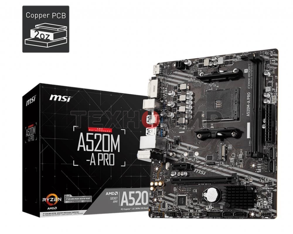 Материнская плата MSI A520M-A PRO, AM4, AMD A520, 2xDDR4, 4xSATA, 1xM.2, 1xPCIe 3.0 x16, 1xDVI-D, 1xHDMI, 1x 1Gb LAN, 2xUSB 2.0, 4xUSB 3.2 Gen 1, 3x3.5 мм, 7.1, mATX
