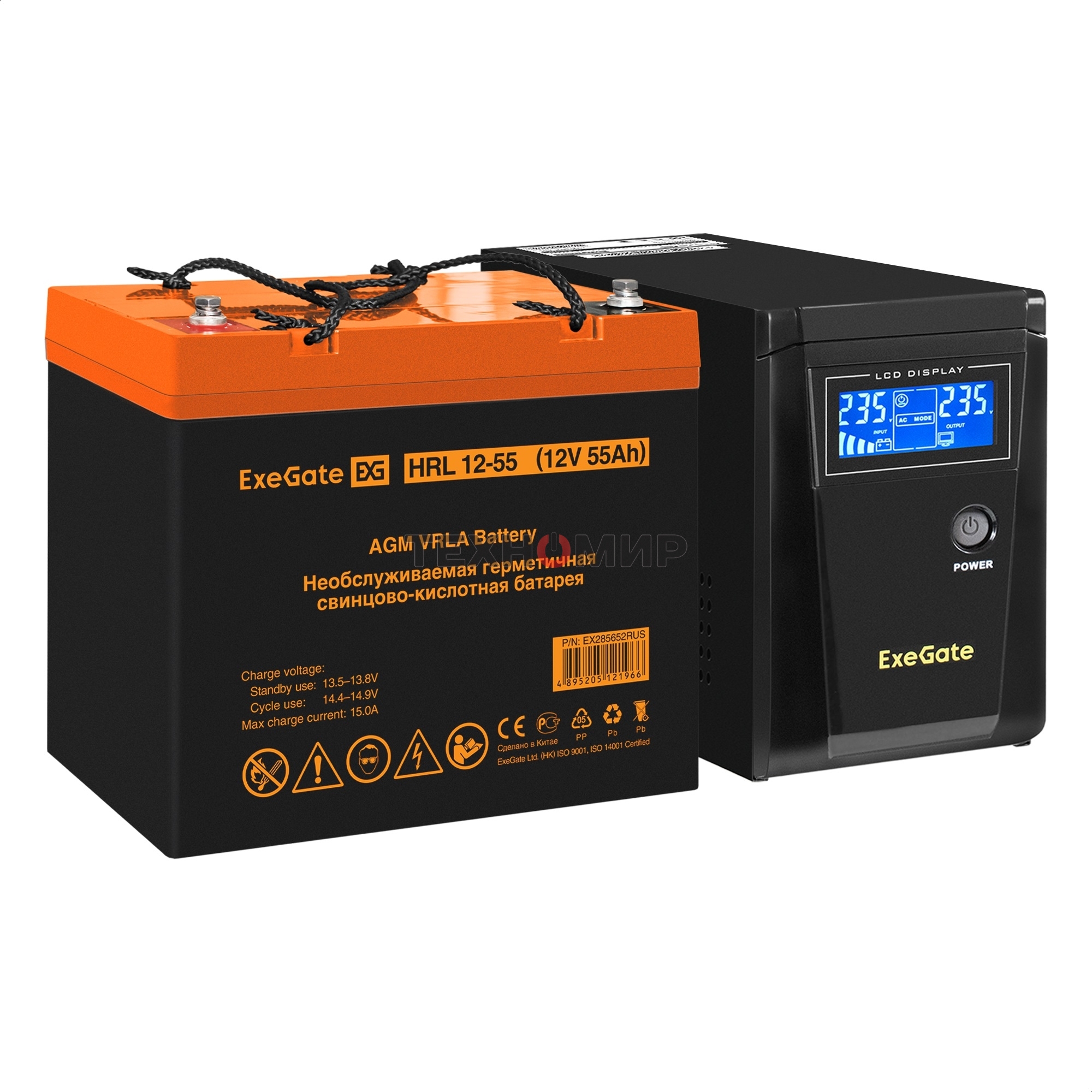 Комплект источника бесперебойного питания Exegate EX295986RUS + батарея 55Aч EX285652RUS 1шт (инвертор, синус, для котла) ExeGate SineTower SZ-600.LCD.AVR.1SH <600VA/360W, чистый синусоида, LCD дисплей, AVR, 1*Schuko, линейно-интерактивный, Black> + батар