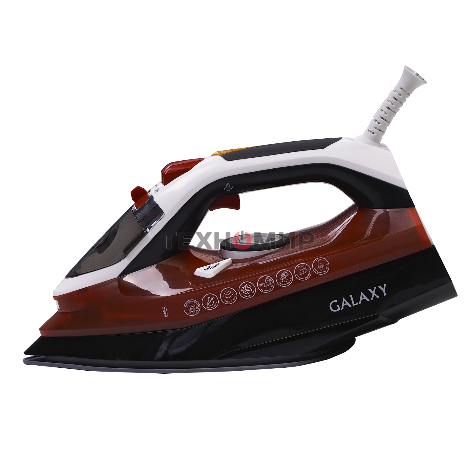 Утюг Galaxy GL 6131, оранжевый, паровой, 2500 Вт, подача пара до 50 г/мин, паровой удар до 230 г/мин, функции: автоотключение, самоочистка, антикапля, антинакипь, функция увлажнения, вертикальное отпаривание, керамическое покрытие подошвы, защита от перег