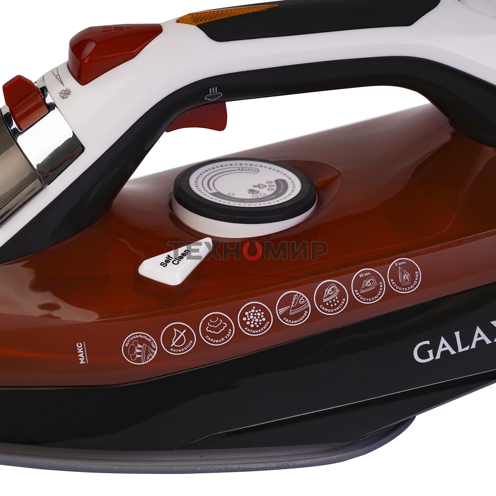 Утюг Galaxy GL 6131, оранжевый, паровой, 2500 Вт, подача пара до 50 г/мин, паровой удар до 230 г/мин, функции: автоотключение, самоочистка, антикапля, антинакипь, функция увлажнения, вертикальное отпаривание, керамическое покрытие подошвы, защита от перег