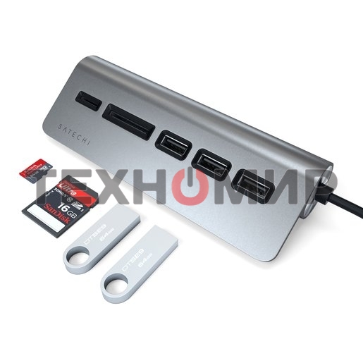 USB-концентратор Satechi Type-C USB Hub & Micro/SD Card Reader. Интерфейс USB-C. 3 порта USB 3.0, слоты для карты памяти, серый космос.