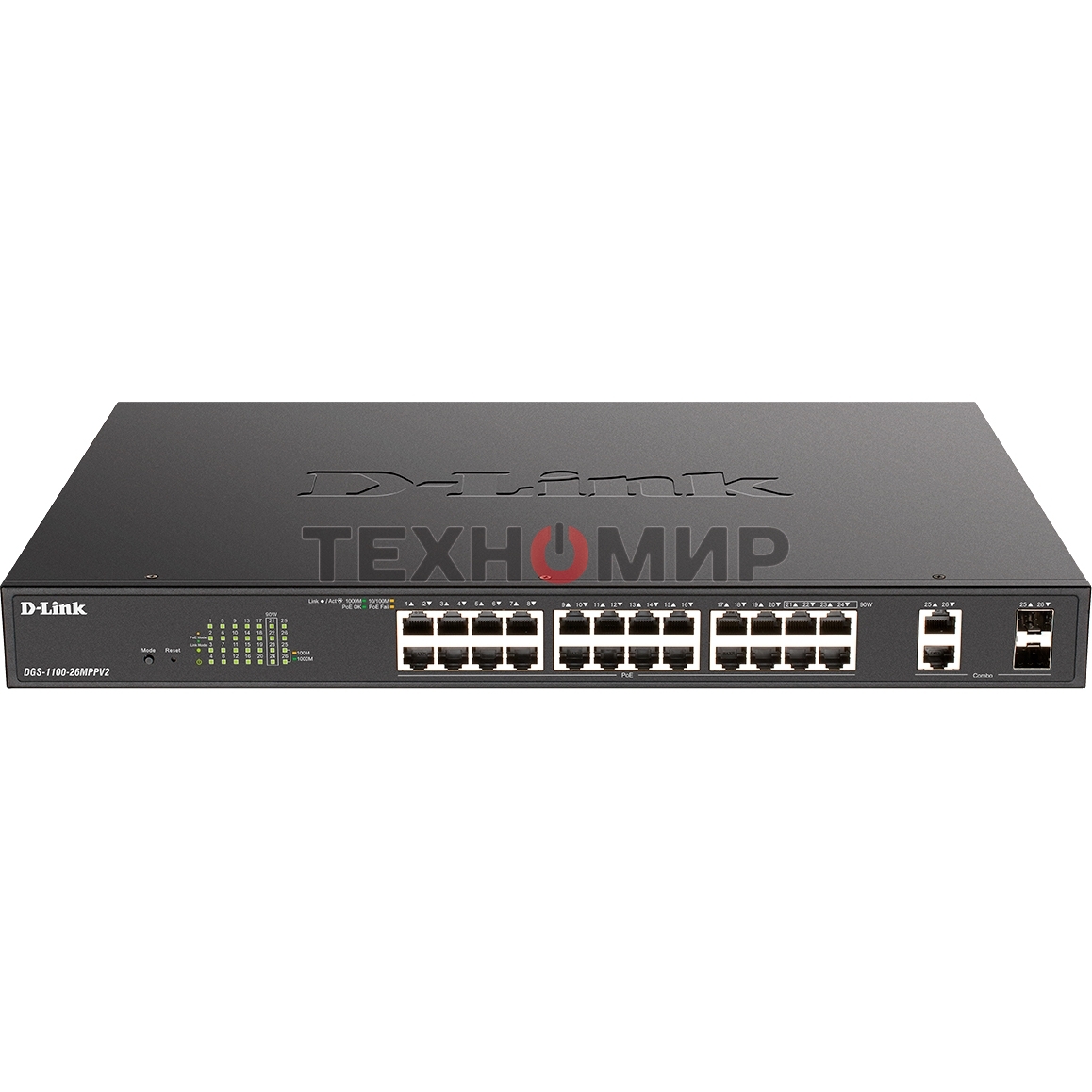 Коммутатор настраиваемый L2 D-Link DGS-1100-26MPPV2/A3A с 24 портами 10/100/1000Base-T и 2 комбо-портами 1000Base-T/SFP (порты 1-24 PoE 802.3af/at, порты 21-24 PoE 802.3bt, PoE-бюджет 525 Вт)