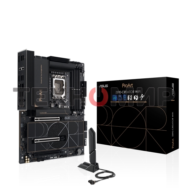 Материнская плата ASUS ProArt Z890-CREATOR WIFI, LGA 1851, Intel Z890, 4xDDR5, 4xSATA, 5xM.2, 2xPCIe 5.0 x16, 1xPCIe 4.0 x16, 1xHDMI, 1xDP, 1x 10Gb LAN, 1x 2.5Gb LAN, 2xUSB-C 10Gbps, 6xUSB-A 10Gbps, 1xUSB-A 2.0, 7.1, ATX
