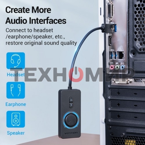 Внешняя звуковая карта Vention USB c регулятором громкости Черная