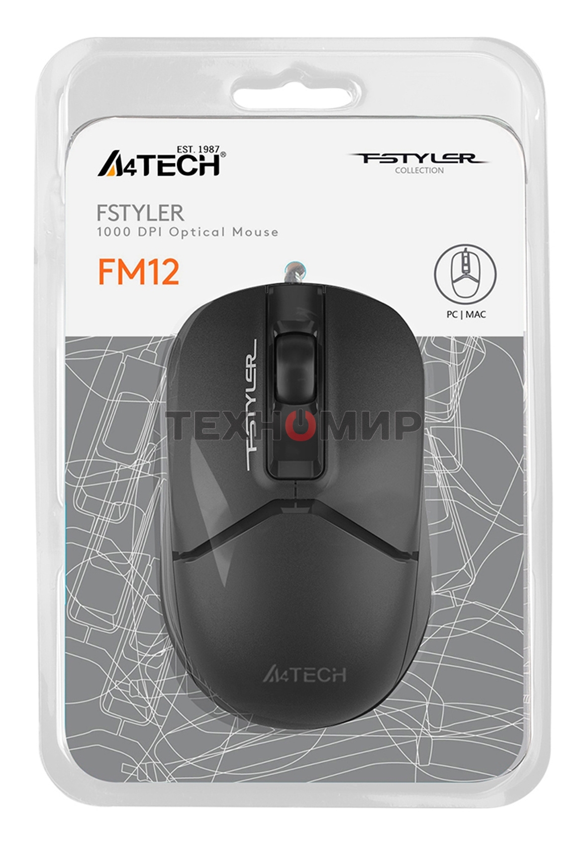 Мышь проводная A4Tech Fstyler FM12S черный, 1200 dpi, USB, кнопки - 3