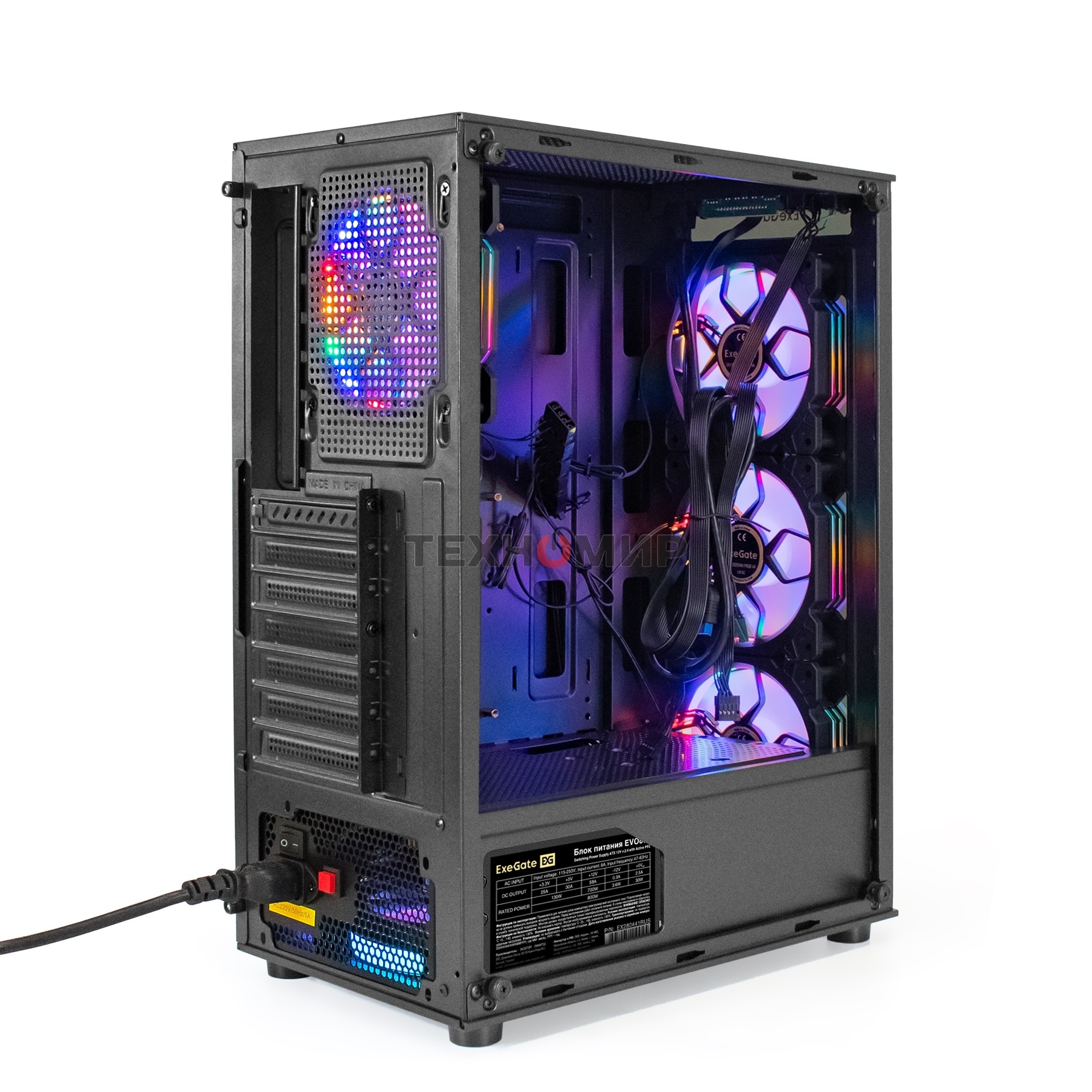Компьютерный корпус Miditower ExeGate i3 BASE-EVO800 (ATX, БП EVO800RGb с вент. 12 см, с окном, 1хUSB+1хUSB 3.0, аудио, 4 вент. 12см с RGb подсветкой)